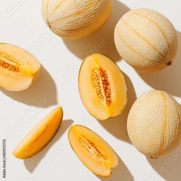 Obraz AI-generated image - Fresh whole and sliced cantaloupe melons with vibrant orange flesh and seeds on a white background. A healthy summer fruit perfect for food photography and design projects.