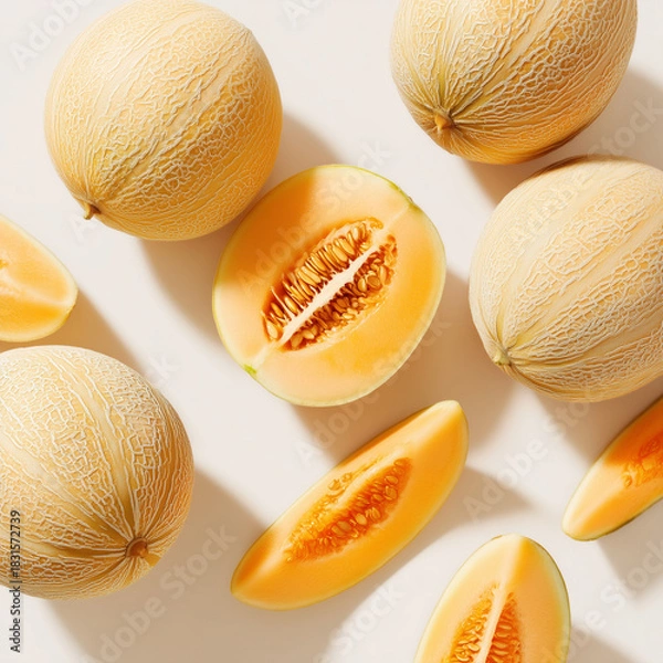 Obraz AI-generated image - Fresh whole and sliced cantaloupe melons with vibrant orange flesh and seeds on a white background. A healthy summer fruit perfect for food photography and design projects.