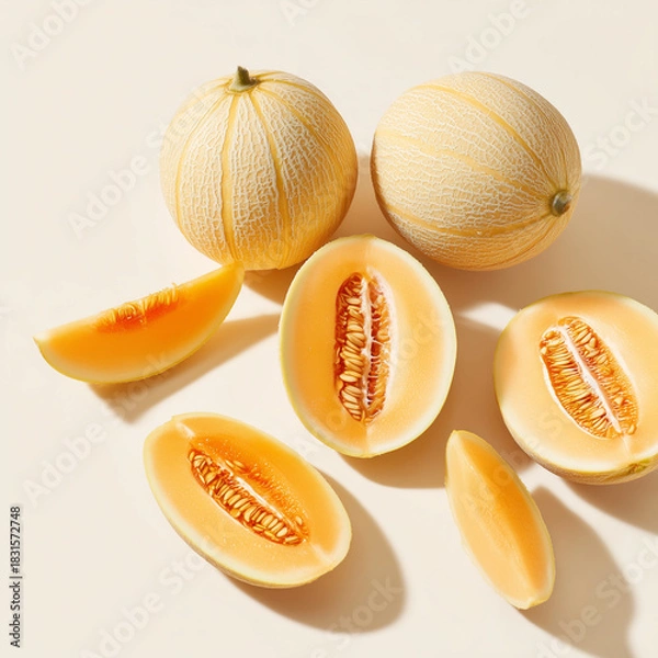 Obraz AI-generated image - Fresh whole and sliced cantaloupe melons with vibrant orange flesh and seeds on a white background. A healthy summer fruit perfect for food photography and design projects.