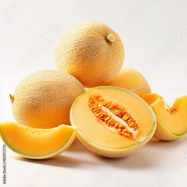 Fototapeta AI-generated image - Fresh whole and sliced cantaloupe melons with vibrant orange flesh and seeds on a white background. A healthy summer fruit perfect for food photography and design projects.