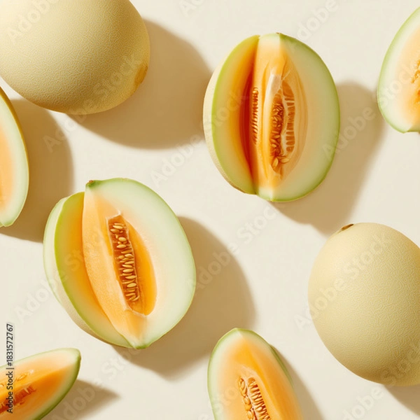 Obraz AI-generated image - Fresh whole and sliced cantaloupe melons with vibrant orange flesh and seeds on a white background, captured in a flat lay composition.