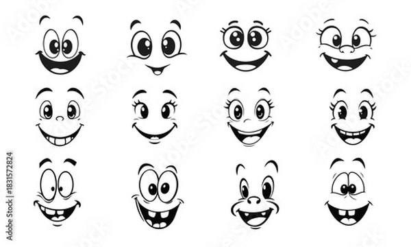 Obraz Set of funny cartoon faces with big eyes and smiles, black and white vector characters of emotions, cartoon faces, funny expressions, vector emoji, children characters