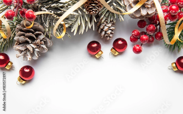 Obraz Christmas holiday border decorating white background with copy space