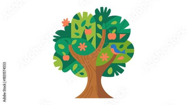Obraz Vibrant Animated Tree: An enchanting illustration of a thriving tree adorned with blossoms, fruit, and a charming bluebird, symbolizing the vitality and interconnectedness of nature.