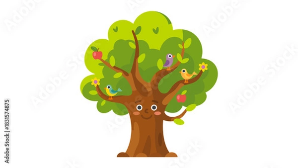 Obraz A Smiling Tree and Colorful Bird: An endearing cartoon illustration of a cheerful tree, adorned with vibrant flowers, juicy fruits, and perching birds. This image represents joy and nature.