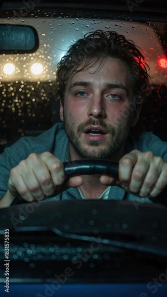 Obraz A man driving a car with a tired and worried expression on a rainy night. Night driving in bad weather conditions.
