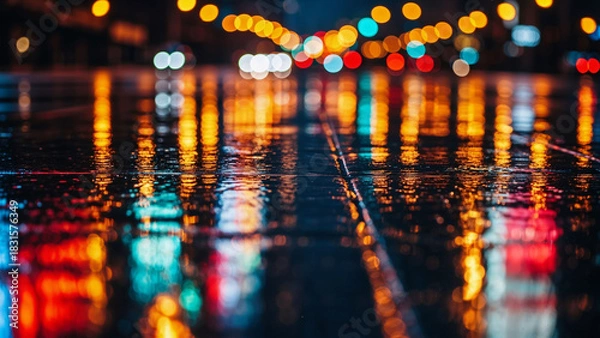Fototapeta Colorful bokeh street lights illuminating a wet urban road at night. Abstract bright reflection on asphalt after rain. Modern city concept.