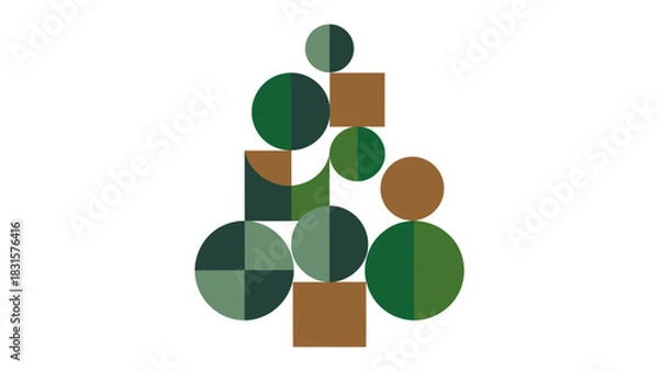 Obraz Geometric Christmas Tree: An elegant geometric Christmas tree illustration in shades of green and brown, perfect for festive designs. The shapes create a minimalist and modern style