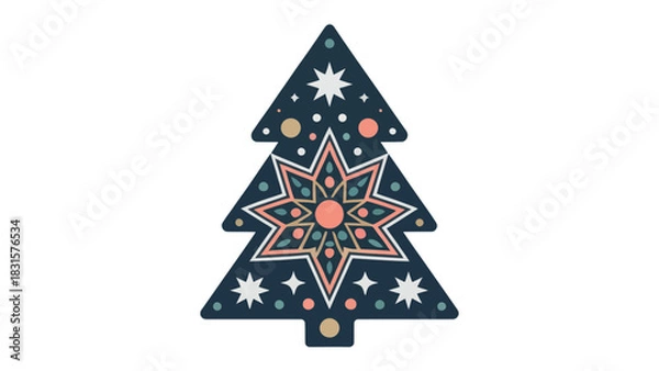 Obraz Festive Geometric Christmas Tree: A meticulously designed festive geometric Christmas tree stands as a vibrant symbol of holiday cheer. Showcasing intricate details and a stylized design.