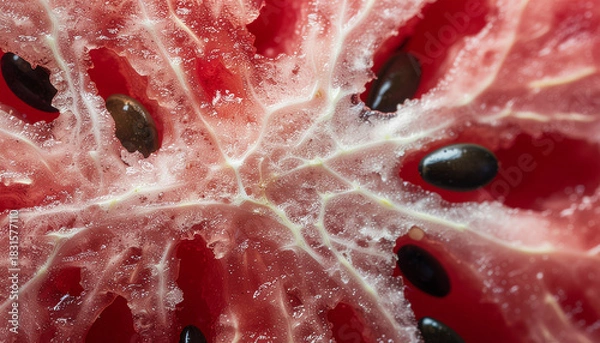 Fototapeta A close-up shot of a watermelon slice, showcasing its red flesh, white veins, and scattered black seeds.