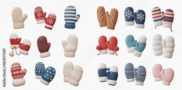 Obraz A collection of various colorful and cozy winter mittens and gloves in a 3D style, perfect for cold weather.