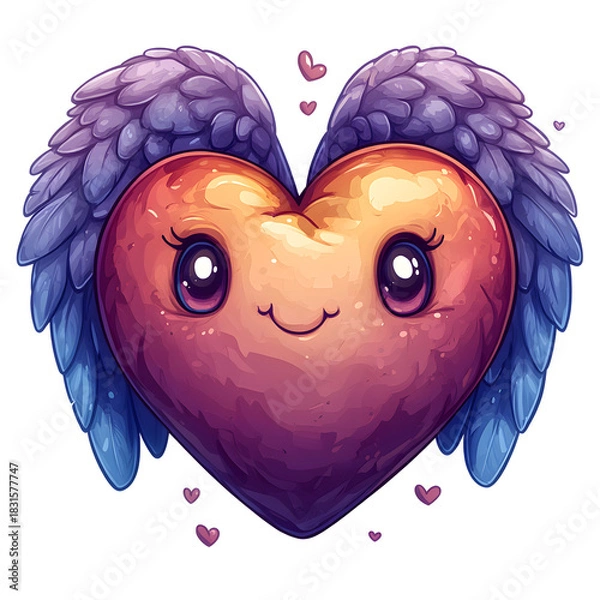 Fototapeta  Smiling winged heart floating with small companion hearts on white background