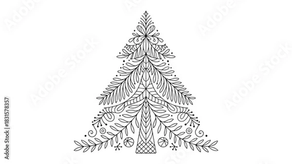 Obraz Decorative Tree Illustration: An intricately designed illustration of a Christmas tree, decorated with delicate floral and ornamental patterns, creating a sense of elegance and seasonal charm.