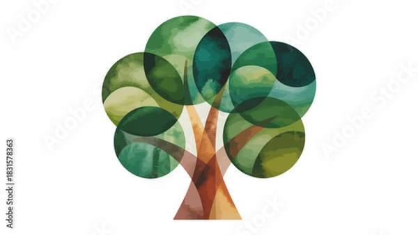 Obraz Abstract Watercolor Tree: An artistic representation of a tree, created with overlapping watercolor circles in varying shades of green, showcasing nature's beauty and the harmony of the environment.