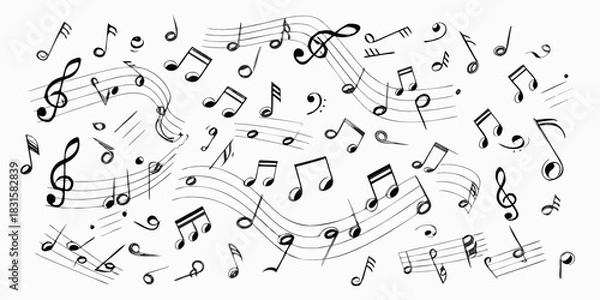 Obraz Hand drawn music notes and staff lines on white background