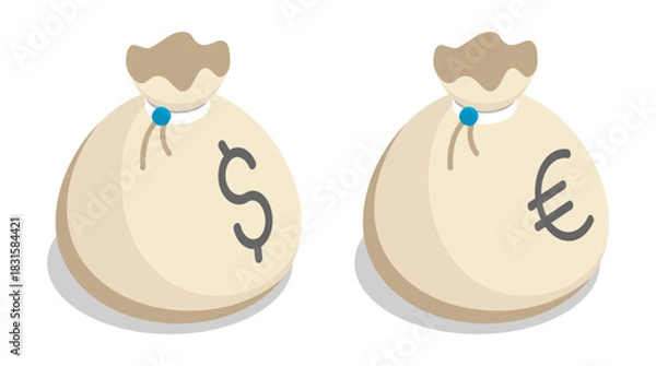 Fototapeta Isometric money bag containing dollars and euros, sealed with a bank seal. Isolated cartoon vector on white background top view