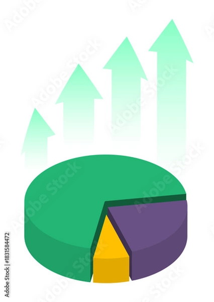 Fototapeta Isometric pie chart with dynamically growing green arrows pointing upwards. Isolated cartoon vector concept on white background top view