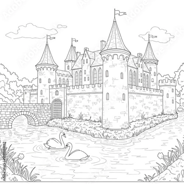 Fototapeta Medieval Castle on a Water Moat with Swans and Lush Greenery