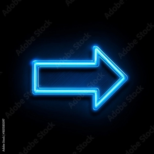 Fototapeta Blue illuminated arrow pointing to the right against a black background