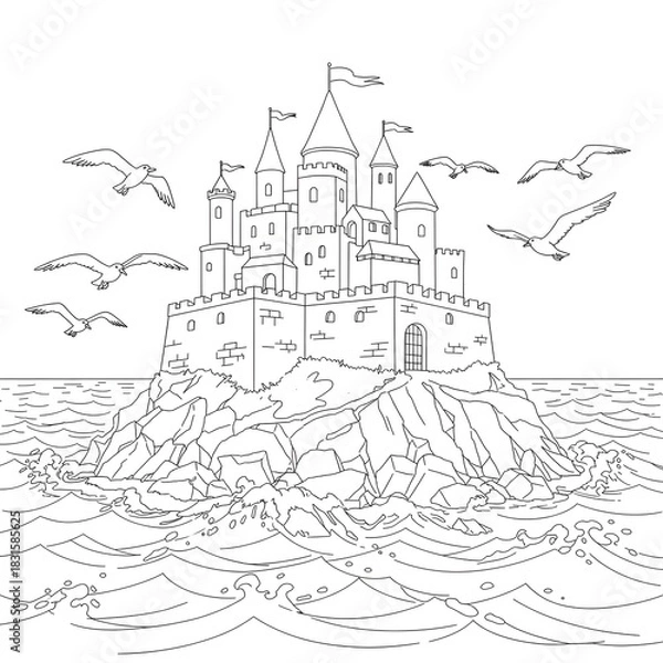 Fototapeta Majestic fantasy castle on a rugged island, ocean waves, and soaring seagulls, detailed line art