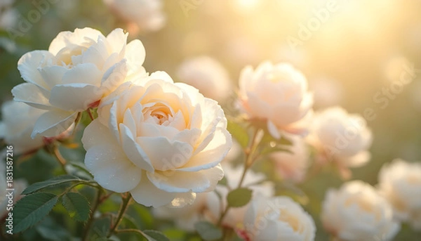 Obraz White roses blooming in sunlight with soft, pastel background  