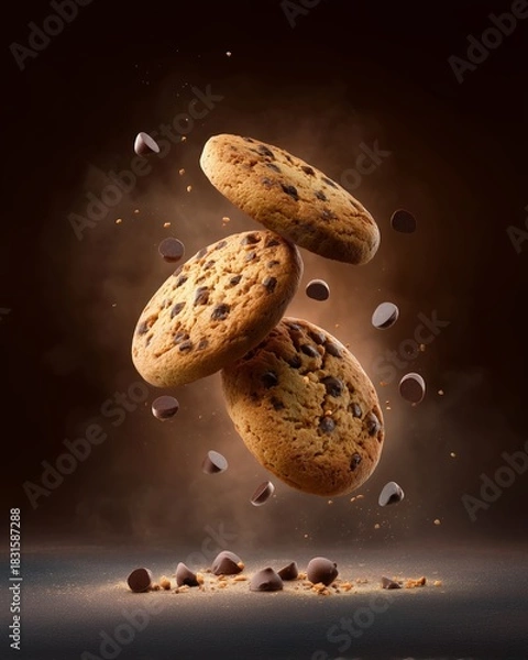 Obraz Chocolate Chip Cookie Ascension: Three delectable chocolate chip cookies levitate in mid-air against a deep brown backdrop, surrounded by scattered chocolate chips.