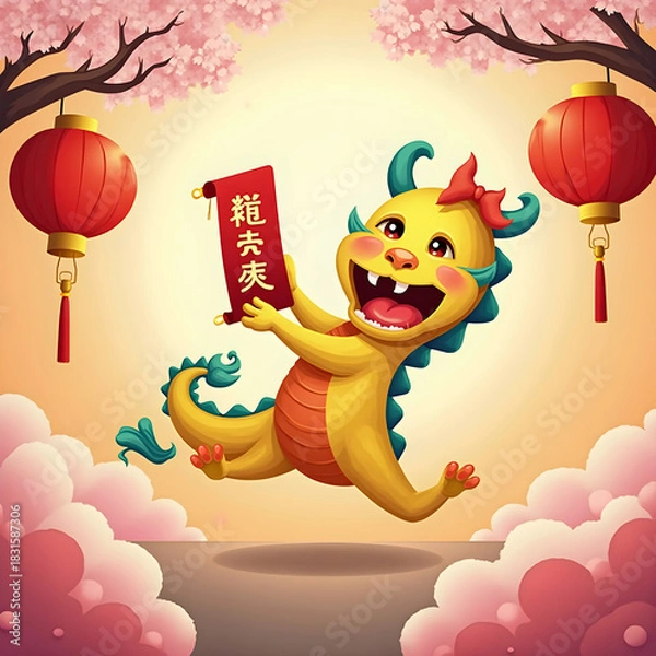 Obraz A cartoon dragon celebrates with a sign during the Chinese Lunar New Year celebrations.