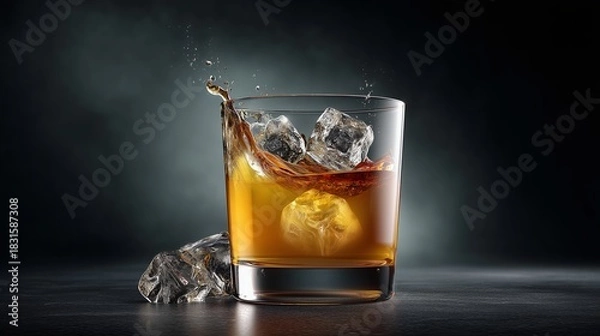Obraz Whiskey Splendor: A sophisticated glass of amber whiskey, invigorated with glistening ice cubes, experiences a dynamic splash on a dark, mysterious backdrop.