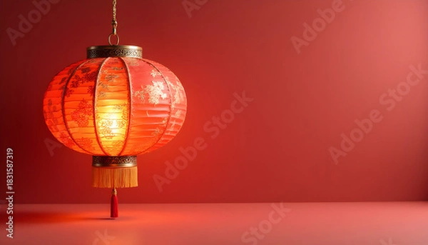 Obraz A red festive Chinese lantern hangs on a solid red background.  