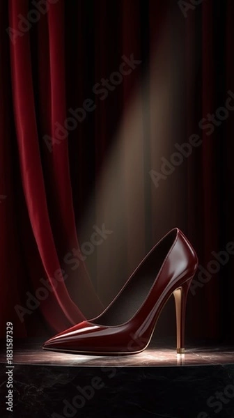 Obraz Elegant Stiletto in Spotlight: An alluring stiletto shoe, bathed in a spotlight, its sleek design and vibrant hue suggesting luxury and poise.