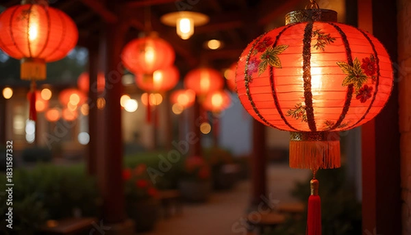 Obraz Oriental lanterns glow in a traditional setting during the evening hours at a cafe.