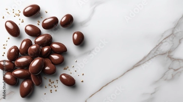 Obraz Chocolate-Covered Almonds on Marble: A close-up shot showcasing an arrangement of rich, glossy chocolate-covered almonds resting elegantly on a smooth marble surface.