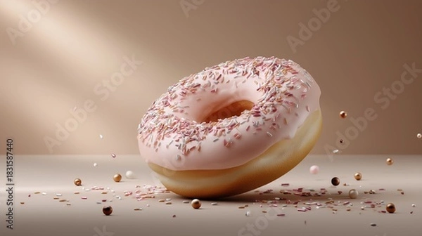 Obraz Donut Delight: A freshly baked, light-golden donut, delicately glazed with a vibrant pink frosting and adorned with sweet sprinkles, promising a moment of pure indulgence and delight. 