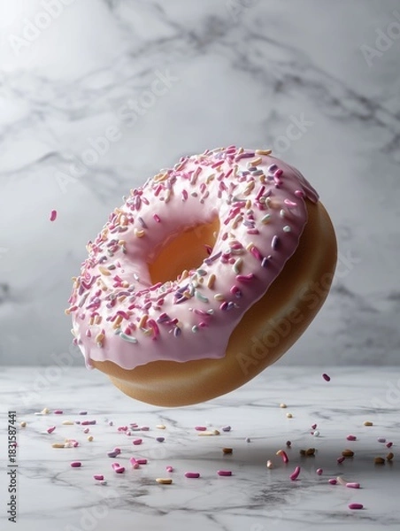 Obraz Sweet Whirl: A delectable donut with a luscious pink glaze and colorful sprinkles is captured mid-air, casting a gentle shadow. It's a tempting treat that promises pure indulgence.