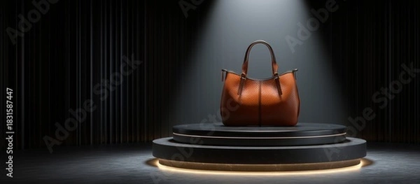 Obraz Luxury in the Spotlight: An elegant, brown leather handbag, the epitome of sophistication and style, is showcased under a focused spotlight on a minimalist pedestal.