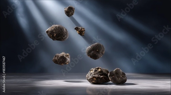 Obraz Mysterious Stone Encounter:  A captivating display of multiple enigmatic stones levitating in a dynamic dance of shadow and light, set against a backdrop of ethereal beams.