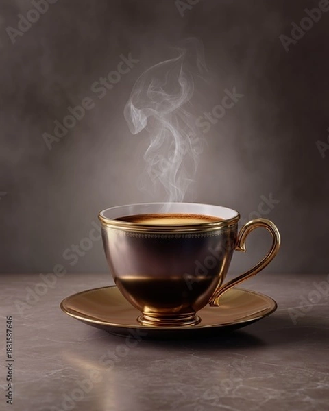 Obraz Steaming Coffee in Elegant Cup: The rich aroma of fresh coffee wafts from an ornate gold-trimmed cup, creating an inviting moment of comfort and warmth. A simple pleasure in perfect lighting.