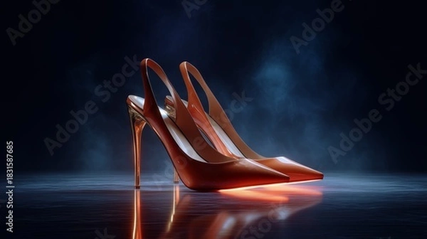 Obraz Golden Heels Elegance: Capturing the timeless allure of refined footwear, a pair of shimmering golden high heels stands out against a dramatic dark backdrop.
