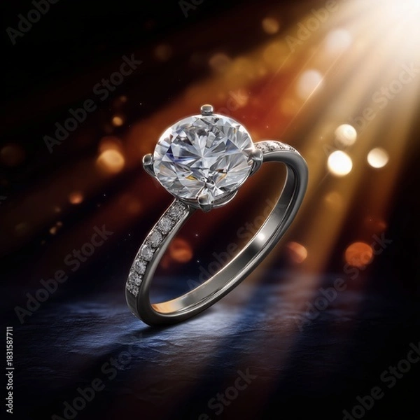 Obraz Sparkling Solitaire: A stunning solitaire ring radiates brilliance against a dramatic background, symbolizing eternal love and commitment. The perfect embodiment of elegance and luxury.