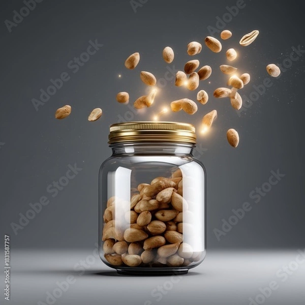 Obraz Nuts Overflowing: A glass jar brimming with peanuts, with some playfully escaping, captured in a studio setting. Evokes feelings of freshness and abundance.