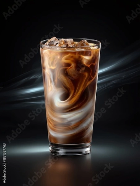 Obraz Swirling Delight: Iced coffee with a smooth blend of cream and coffee swirling together in a glass, creating a visually appealing and refreshing drink.