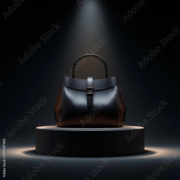 Obraz Elegant Handbag Display: A stylish black handbag, expertly displayed on a sleek, elevated pedestal, commands attention under a dramatic spotlight.