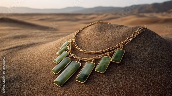 Obraz Exquisite Treasure in the Sands: A captivating display of a finely crafted necklace, elegantly posed amidst the undulating beauty of a desert landscape.