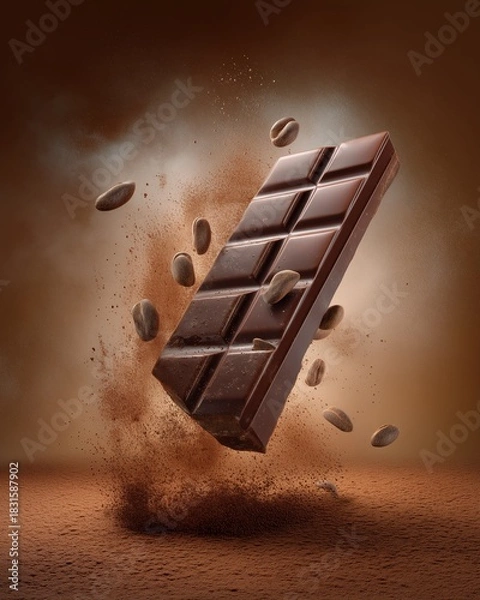 Obraz Chocolate Delight: A meticulously crafted bar of rich, dark chocolate levitates mid-air alongside scattered coffee beans and a swirl of cocoa powder, revealing the essence of pure indulgence.