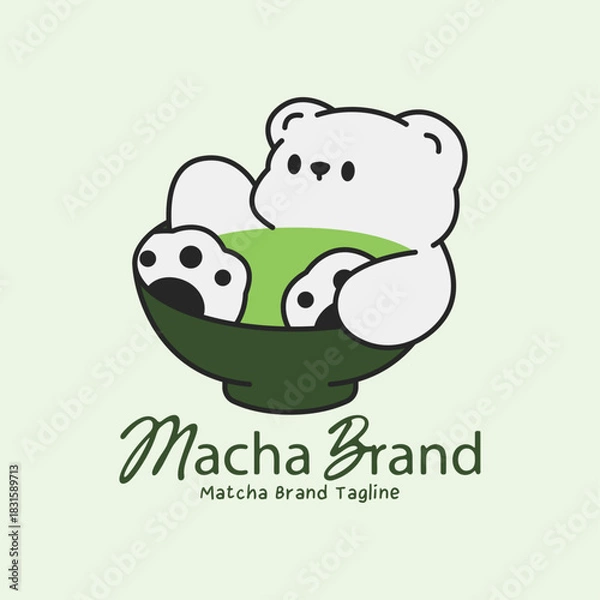 Obraz Charming matcha logo featuring bear mascot relaxing inside bowl of vibrant green matcha. Playful illustration for beverage branding and tea shop design.