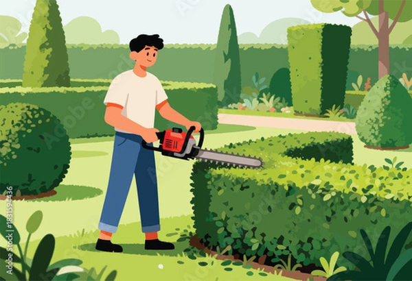 Obraz A person uses a chainsaw to trim a hedge in a stylized garden. Other trimmed bushes stand in the distance