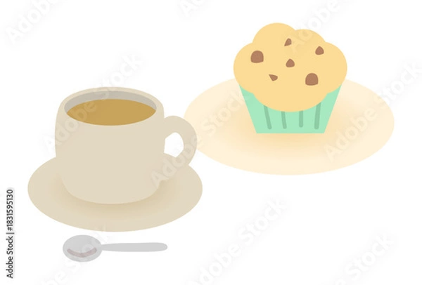 Obraz Cute Flat Coffee and Chocolate Chip Cupcake Vector Illustration