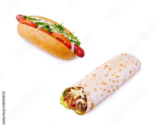 Fototapeta Delicious hot dog and wrap served on white background at daytime