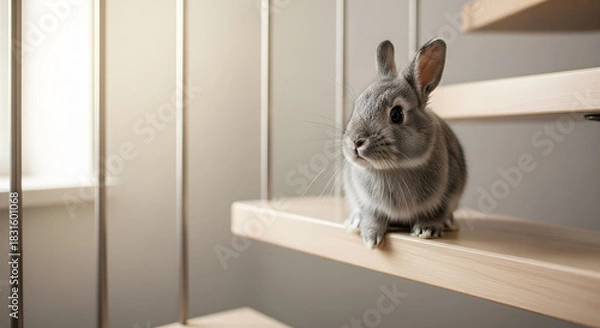Obraz Small Gray Bunny on Minimalist Wooden Staircase