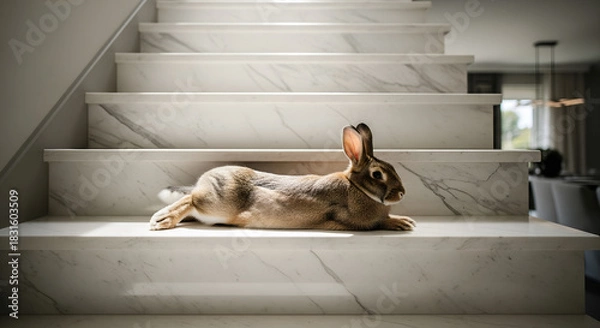Obraz Brown Rabbit Resting on Luxury Marble Stairs